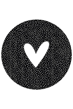 Muurcirkel (binnen) zwart met wit hart en dots patroon - 3 formaten