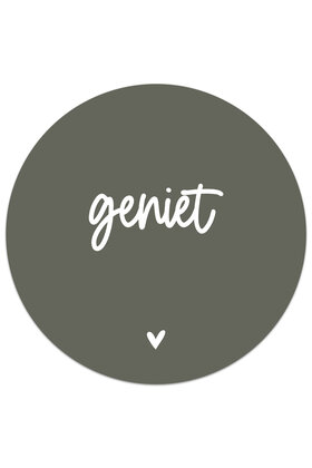 Muurcirkel (binnen) olijfgroen met tekst 'Geniet' - 3 formaten