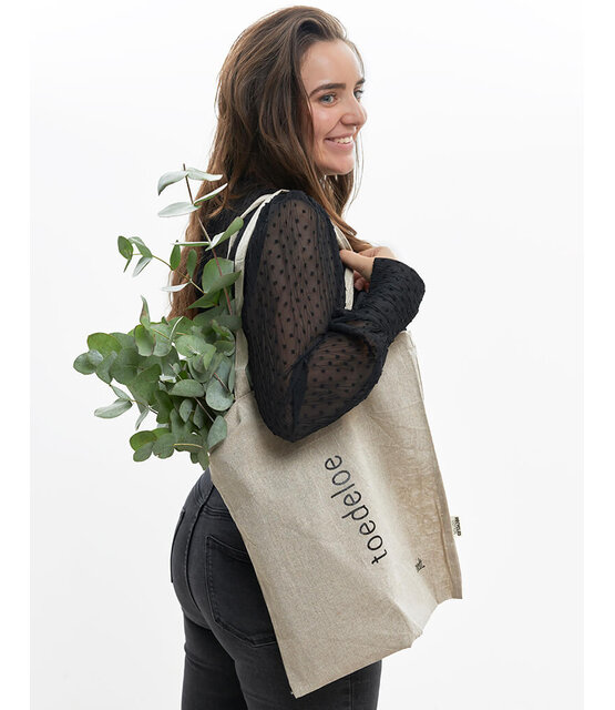 Duurzame beige katoenen tas met tekst 'Toedeloe' - van gerycled materiaal