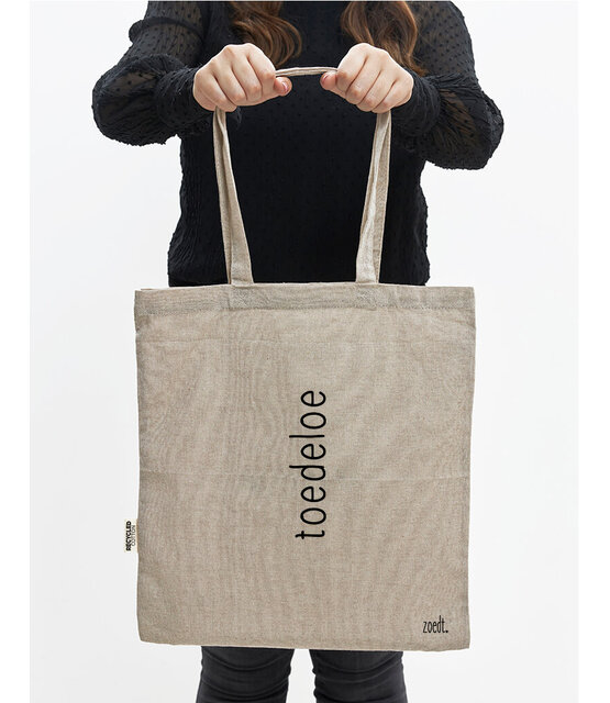 Duurzame beige katoenen tas met tekst 'Toedeloe' - van gerycled materiaal