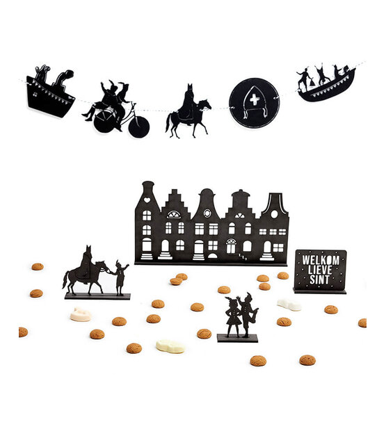 Houten Sinterklaas decoratie set bij grachtenpandjes  - Welkom lieve Sint