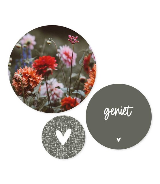 Set van 3 muurcirkels -  groen bloemen - 3 verschillende maten