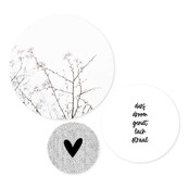 Set van 3 muurcirkels - zwart wit 'durf, droom, geniet...' - 3 verschillende maten Set van 3 muurcirkels - zwart wit 'durf, droom, geniet...' - 3 verschillende maten