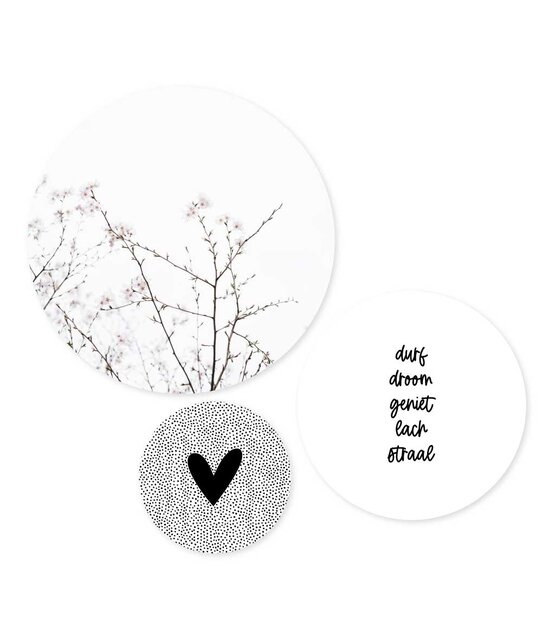 Set van 3 muurcirkels - zwart wit 'durf, droom, geniet...' - 3 verschillende maten Set van 3 muurcirkels - zwart wit 'durf, droom, geniet...' - 3 verschillende maten