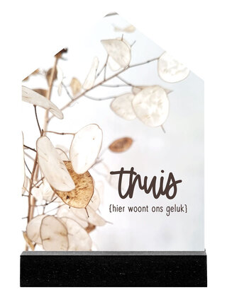 Huisje met foto lunaria en tekst 'Thuis hier woont ons geluk'