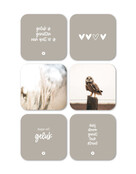 Set van 6 vinyl onderzetters - beige met teksten en foto's Set van 6 vinyl onderzetters - beige met teksten en foto's