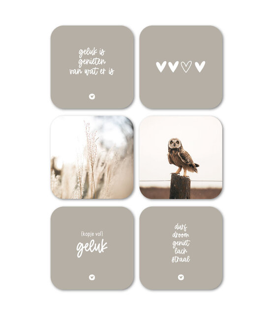 Set van 6 vinyl onderzetters - beige met teksten en foto's Set van 6 vinyl onderzetters - beige met teksten en foto's