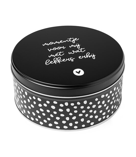 Koektrommel zwart wit met tekst 'Momentje voor mij met wat lekkers erbij'