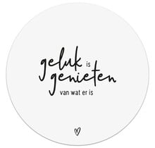 Muismat vinyl - wit met tekst 'Geluk is genieten van wat er is' 25cm