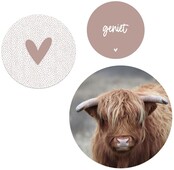 Set van 3 muurcirkels - oudroze Schotse hooglander - 3 verschillende maten