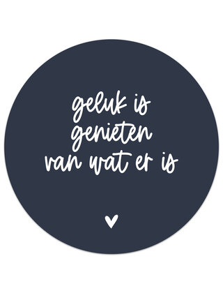 Muurcirkel (binnen) donkerblauw met tekst 'Geluk is...'  - 30 cm  - LICHT BESCHADIGD