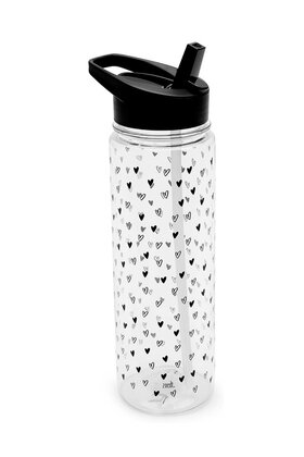 Drinkfles met rietje zwart - transparant met hartjes patroon