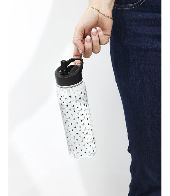 Drinkfles met rietje zwart - transparant met hartjes patroon (gemaakt van RPET)