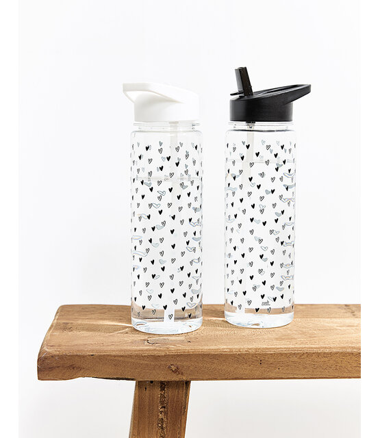 Drinkfles met rietje zwart - transparant met hartjes patroon (gemaakt van RPET)