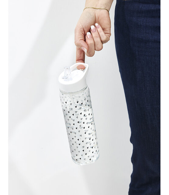 Drinkfles met rietje wit - transparant met hartjes patroon (gemaakt van RPET)