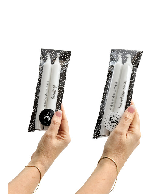 Set van 2 dinerkaarsen met tekst - 'Geniet'