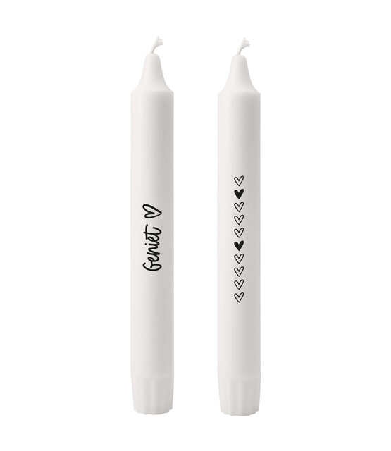 Set van 2 dinerkaarsen met tekst - 'Geniet'