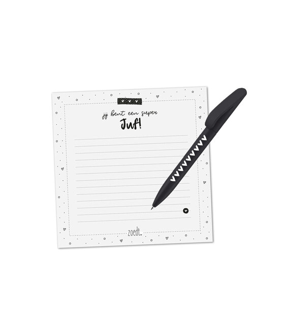 Cadeauset voor juf – Notitieblok ‘Jij bent een superjuf’ & pen met hartjes