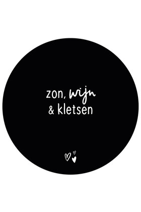 Tuincirkel (buiten) zwart met tekst - Zon, wijn en kletsen