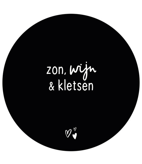 Zwarte tuincirkel/muurcirkel met tekst - 'Zon, wijn en klersen' perfect als wanddecoratie voor buiten en binnen Zwarte tuincirkel/muurcirkel met tekst - 'Zon, wijn en klersen' perfect als wanddecoratie voor buiten en binnen