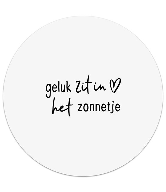 Witte tuincirkel/muurcirkel met tekst - 'Geluk zit in het zonnetje' perfect als wanddecoratie voor buiten en binnen