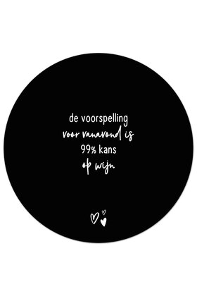 Tuincirkel (buiten) zwart met tekst - De voorspelling voor vanavond is 99% kans op wijn