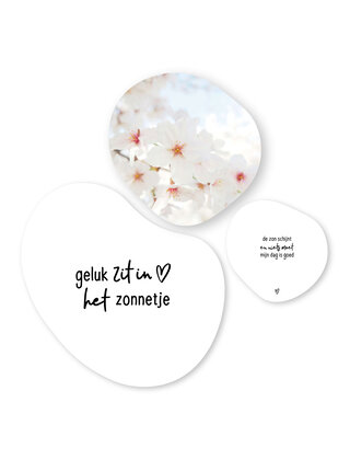 Set van 3 organische tuincirkels –Wit met tekstjes en foto bloesem