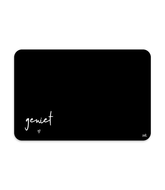 Placemat van zwart vinyl met de tekst ‘ Geniet’ – een stijlvolle en praktische toevoeging aan jouw eettafel