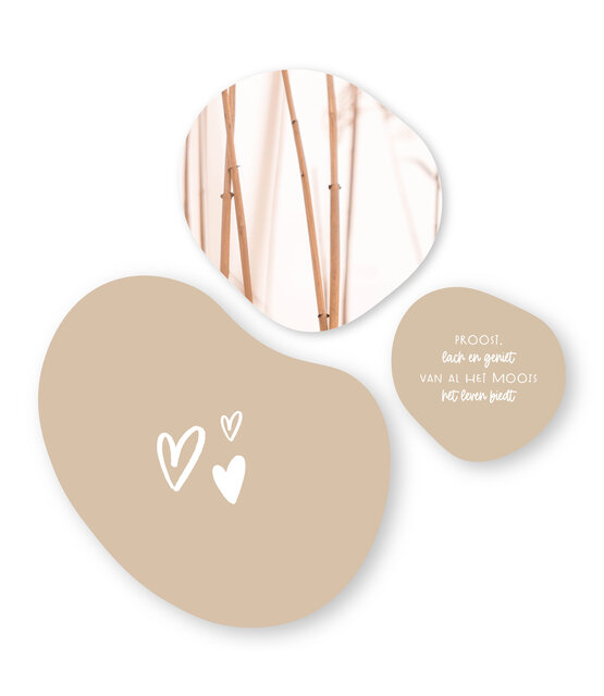 Set van 3 organische muurcirkels zand met tekstjes en riet – Unieke wanddecoratie voor binnen (20, 30 en 40 cm)