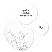 Set van 3 organische muurcirkels wit met tekstjes en bloesem – Unieke wanddecoratie voor binnen (20, 30 en 40 cm)