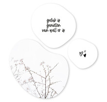 Set van 3 organische muurcirkels wit met tekstjes en bloesem – Unieke wanddecoratie voor binnen (20, 30 en 40 cm)