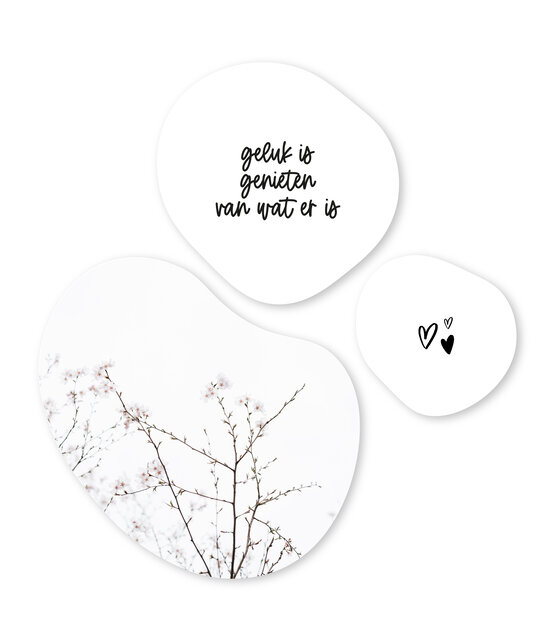 Set van 3 organische muurcirkels wit met tekstjes en bloesem – Unieke wanddecoratie voor binnen (20, 30 en 40 cm)