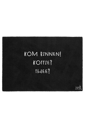 Deurmat zwart 40x60 cm – met tekst 'Kom binnen! Koffie? Thee?' | Zoedt