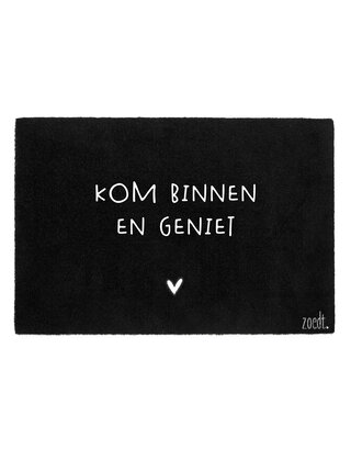 Deurmat zwart 40x60 cm – met tekst 'Kom binnen en geniet' | Zoedt