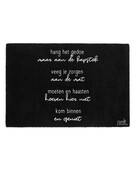 Deurmat zwart met gedicht 'Kom binnen en geniet'