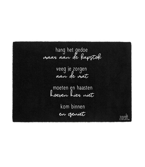 Deurmat zwart met gedicht 'Kom binnen en geniet'