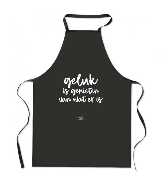 Keukenschort met tekst 'Geluk is genieten van wat er is' - LICHT BESCHADIGD