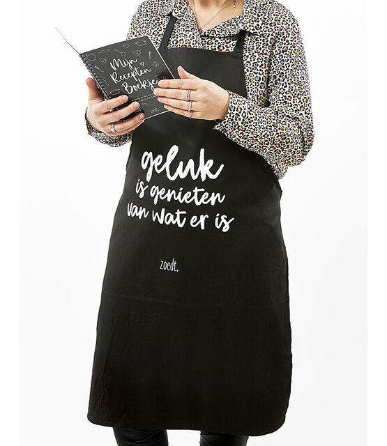 Keukenschort met tekst 'Geluk is genieten van wat er is' - LICHT BESCHADIGD