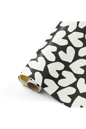 Rol cadeaupapier zwart met witte harten