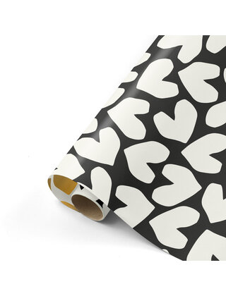 Rol cadeaupapier zwart met witte harten