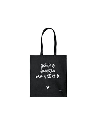 Zwarte katoenen tas met tekst 'Geluk is genieten van wat er is'