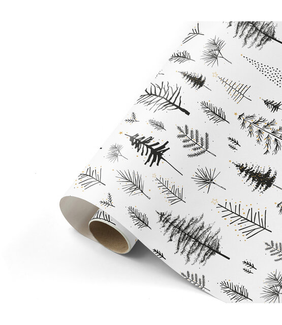 Rol cadeaupapier wit met zwarte boompjes 50x300cm