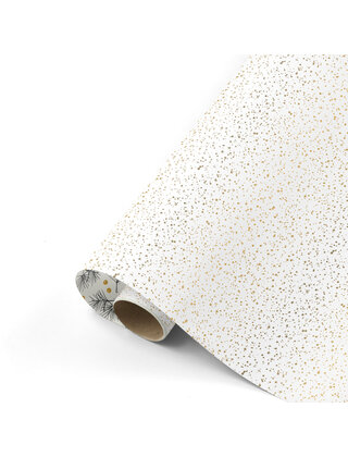 Rol cadeaupapier wit met gouden dots en sterren - dennetakjes