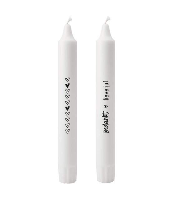 Set van 2 dinerkaarsen met tekst - 'Bedankt lieve juf'