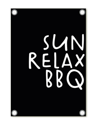 Tuinposter - zwart met tekst 'Sun Relax BBQ'