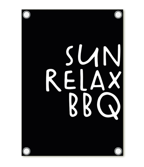 Tuinposter zwart met tekst 'Sun Relax BBQ'– buitenposter voor tuin & terras