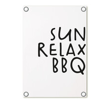 Tuinposter wit met tekst 'Sun Relax BBQ'– buitenposter voor tuin & terras