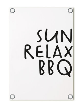 Tuinposter - wit met tekst 'Sun Relax BBQ'