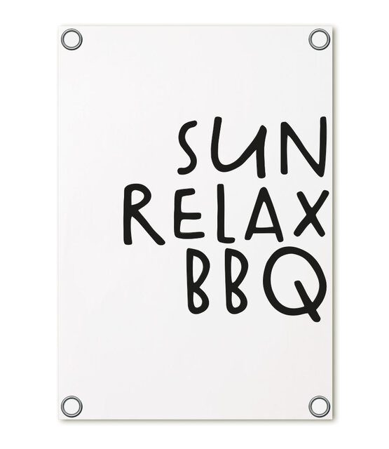 Tuinposter wit met tekst 'Sun Relax BBQ'– buitenposter voor tuin & terras