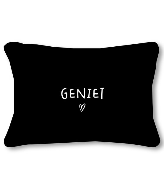 Buitenkussen 60x40 zwart met tekst Geniet– waterafstotend tuinkussen